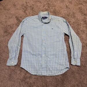 Vineyard Vines Whale Dress Shirt Mens Small Blue Green Check Long Sleeve Button